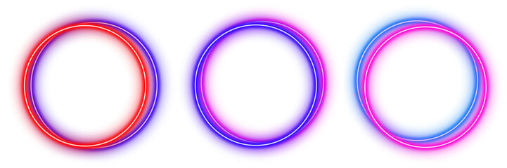 Circle random frame space neon light set of two-color shaped objects isolated on white background