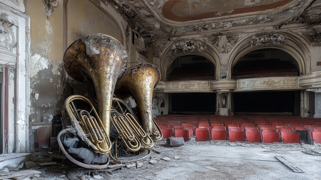 Tarnished brass instruments abandoned in a decaying ornate theater auditorium with red velvet seats - Powered by Adobe