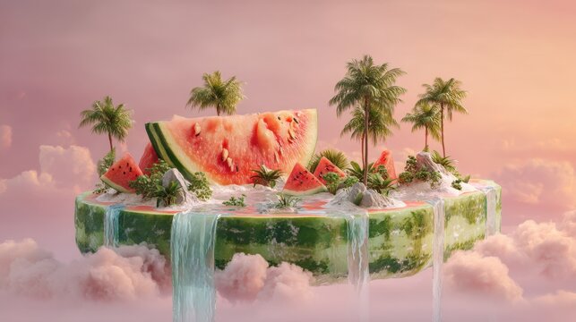 Watermelon island with palm tree and water falling from its sides floating on pink clouds. Tropical paradise concept for summer vacation.