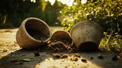 Toppled concrete planters with soil spilling onto ground