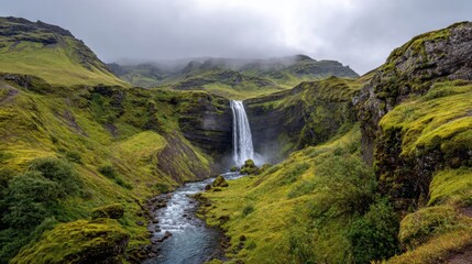 Waterfall cascading down a rocky cliff in a lush green valley with a river flowing through it. Natural landscape scene.