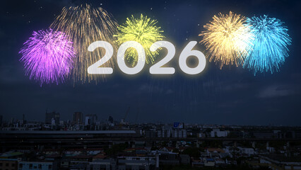 Colorful 2026 New Year Fireworks Explode Over Cityscape, Representing Celebration, Future Vision, and Hopeful New Beginning.