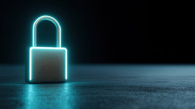 Padlock with neon glow representing digital data security. Abstract concept of internet privacy and cyber protection for technology.