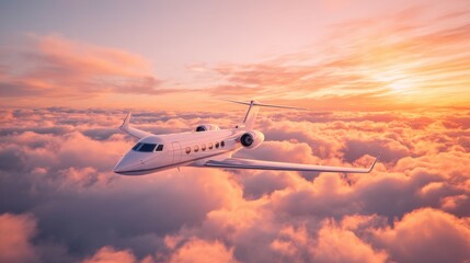 White private jet flying over fluffy pink and orange clouds at sunset. Luxury travel and business aviation concept. Global transportation.