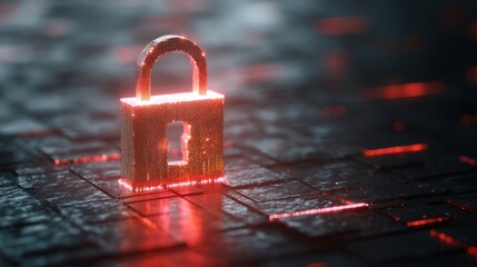 Digital padlock with glowing red particles on a dark background. Cyber security data protection and privacy safeguard concept in a futuristic technological environment.