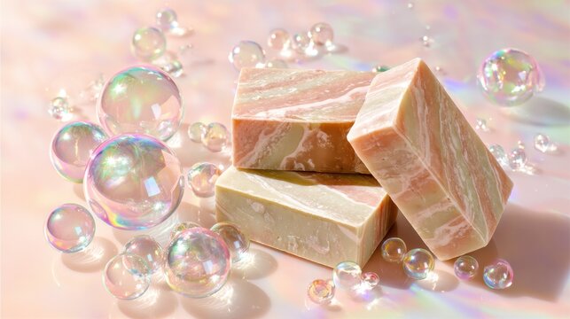Handmade organic soap bars with iridescent bubbles on a pink background. Natural skincare product for beauty, spa, and relaxing bathing. - Powered by Adobe