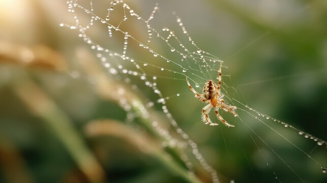 Spider on a dewy web in nature. Close-up of spiderweb with water droplets. Insect macro photography for outdoor and wildlife concept.