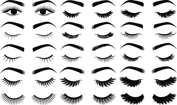 Woman Eyelashes and Eyebrows Silhouette Icon Set .
