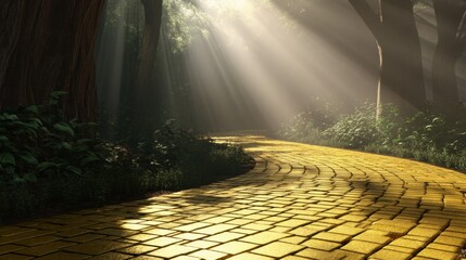 Yellow brick road winding through a dark forest with sun rays shining through trees, representing a journey, path, or new beginning.