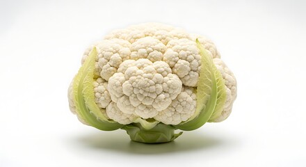 Fresh white cauliflower head with green leaves isolated on a clean white background vegetable food