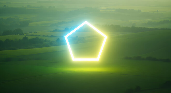 Glowing Pentagonal Shape Over Green Field Landscape