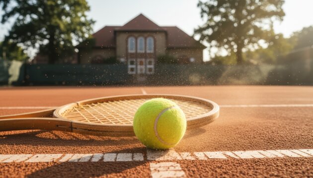 Tennis ball and racket on clay court