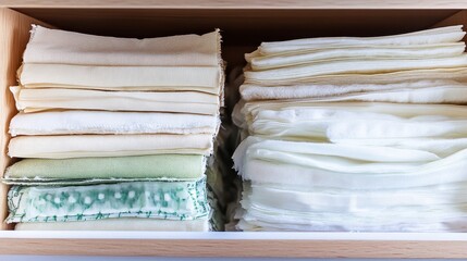 Stacks of neatly folded fabric swatches in various natural colors and textures organized on a shelf