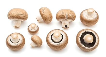 Assortment of brown cremini mushrooms shown from various angles on a white background food ingredient
