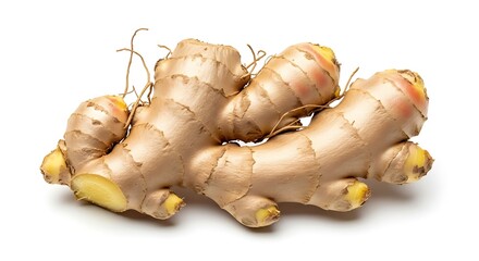 Fresh ginger root with textured brown skin and yellow flesh on a white background spice herb