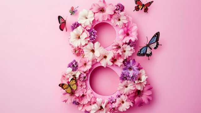 8 march day festive background, flowers with butterflies for international womans day 8 of march