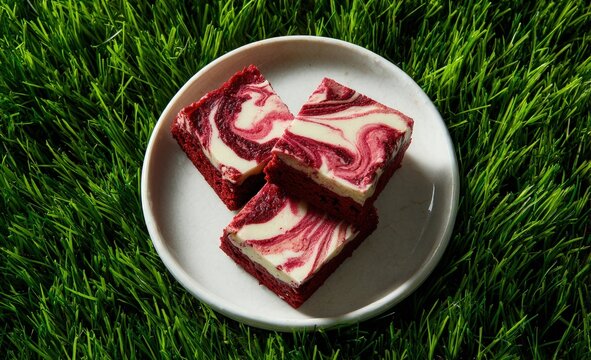 Red velvet cheesecake brownies on a plate, grass background