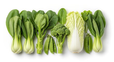 Assortment of fresh green vegetables including bok choy broccoli napa cabbage and peas arranged on a white background
