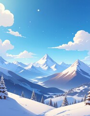 kawaii snowy mountains forming soft border around bright blank sky