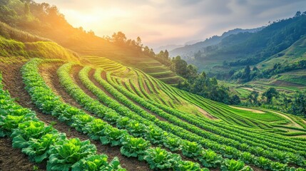 Terraced lettuce fields in sunlight across the valley