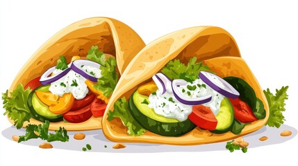 Two Greek Gyros with Fresh Vegetables and Tzatziki Sauce