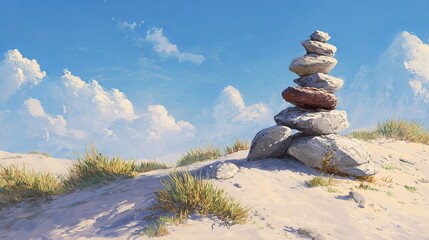 Find your inner peace with this zen rock stack against a serene blue sky backdrop, perfect for mindfulness and relaxation content