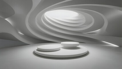 Obraz premium Abstract white architectural space with curved walls and circular platforms