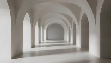 Fototapeta premium Long white arched corridor with symmetrical arches and soft lighting