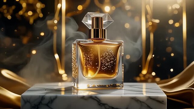 A seamless, looping 3D animation of a luxury gold perfume bottle on a marble podium. This cinematic, elegant product display is perfect for beauty or fashion ads.