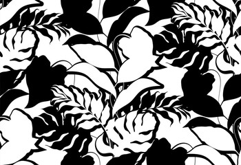 Seamless leaves pattern. Line art exotic leaves pattern. Summer background design