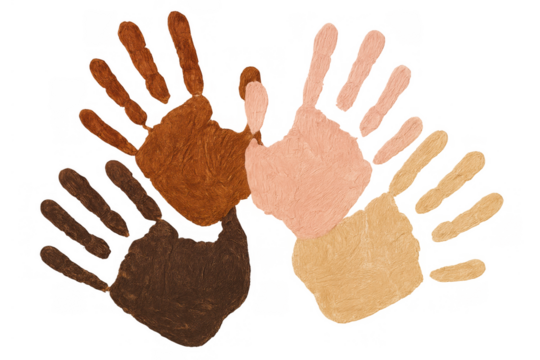 Interlocking handprints representing diverse skin tones and racial equality, promoting unity, community, and togetherness