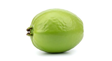 Single ripe green guava fruit with textured skin and brown stem detail isolated on white background
