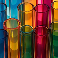 A collection of colorful test tubes filled with various liquid solutions, showcasing the vibrancy and complexity of chemical experimentation in a laboratory setting
