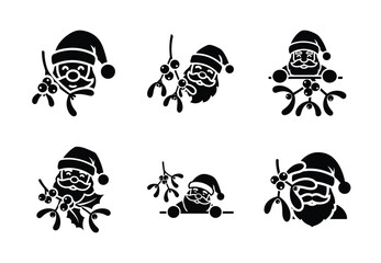 christmas santa mistletoe peek silhouette icon set collection with spiral and solid styles