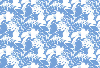 Seamless leaves pattern. Line art exotic leaves pattern. Summer background design