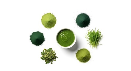 Green superfood ingredients including powders spirulina wheatgrass moringa and smoothie in white bowl arranged on white background