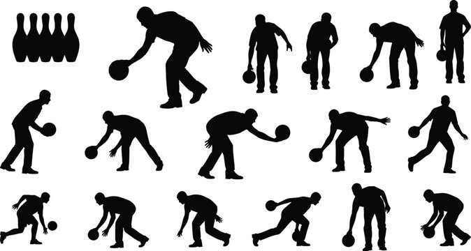 A collection of diverse male bowling player silhouettes, captured in various dynamic action poses from wind-up to release, alongside a set of five bowling pins, vector illustration.