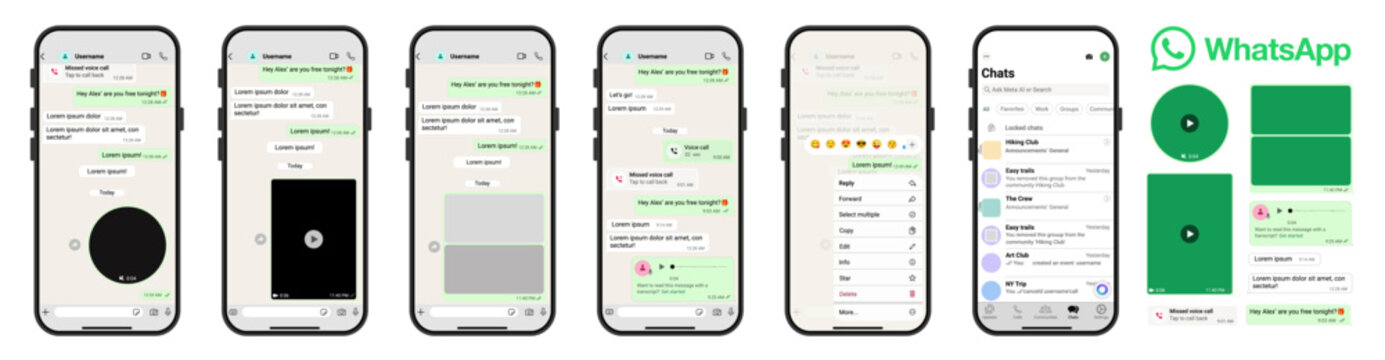 WhatsApp Mobile Mockup & iPhone Frame Template Pack. includes chat screens, video message, voice note, image grid, reaction menu, and chats list, plus extra elements like video bubbles , audio bubbles