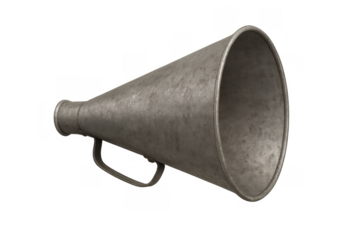Metal megaphone amplifying voice for protest, communication, announcement, broadcasting important message, transparent background