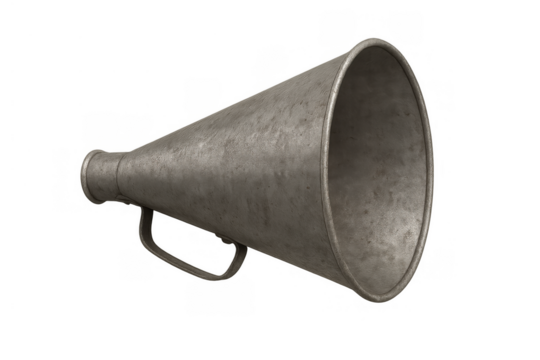 Metal megaphone amplifying voice for protest, communication, announcement, broadcasting important message, transparent background