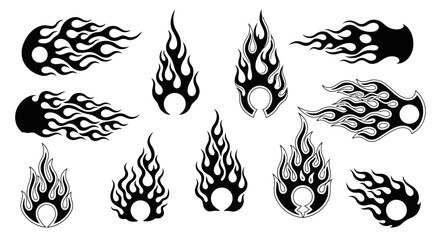 Classic old school neo tribal style black silhouette flame set perfect for car decals tattoos and minimalist graphic design elements on a white background