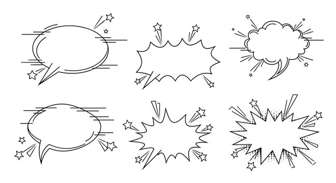 Collection of six empty black and white comic book style speech bubbles with speed lines stars and halftone accents.