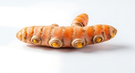 Single fresh orange turmeric root with brown rings and yellow buds on a white background spice herb
