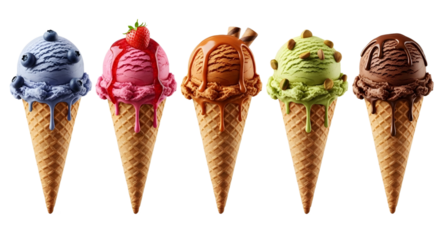 Colorful ice cream cones in a row on black