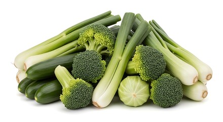 Pile of fresh green broccoli leeks and cucumbers on a white background vegetable