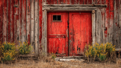 A vibrant, weathered red barn door with peeling paint, nestled in a rustic wooden wall, surrounded by golden wildflowers and dry grass.