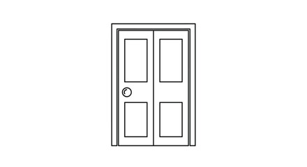 Simple black and white line art animation of a closed double door with panels and a round doorknob opening and closing.