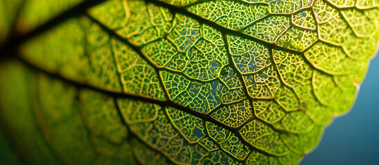 Obraz premium Intricate green leaf veins and cellular structure illuminated by soft light