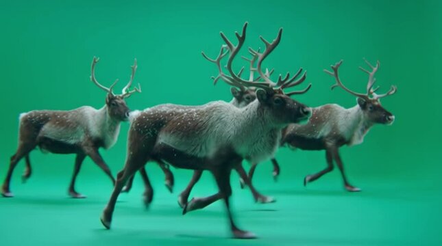 Herd of reindeer running across a green screen studio background, capturing a dynamic and naturalistic motion