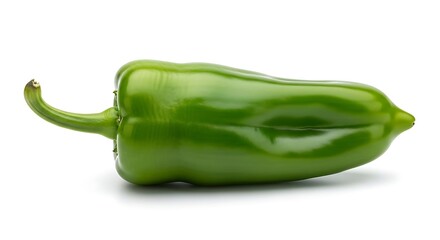 Single green bell pepper lying horizontally on a white background with subtle shadow vegetable food